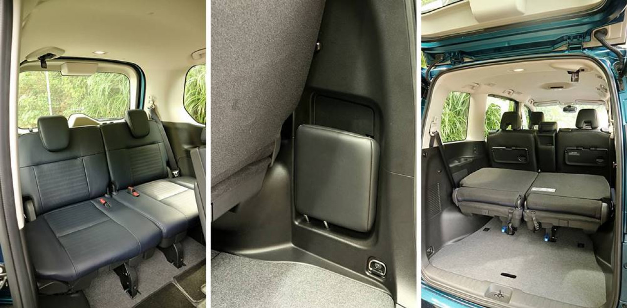 嫌後排中座的頭枕遮擋影響後方視野，可以收起放在車尾右邊。